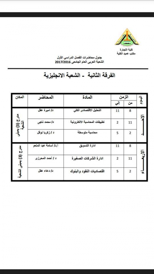 جدول المحاضرات للعام 2015/2016 الفصل الدراس الاول