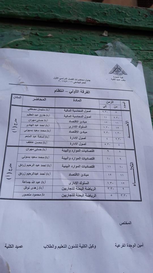 جدول المحاضرات للعام 2015/2016 الفصل الدراس الاول