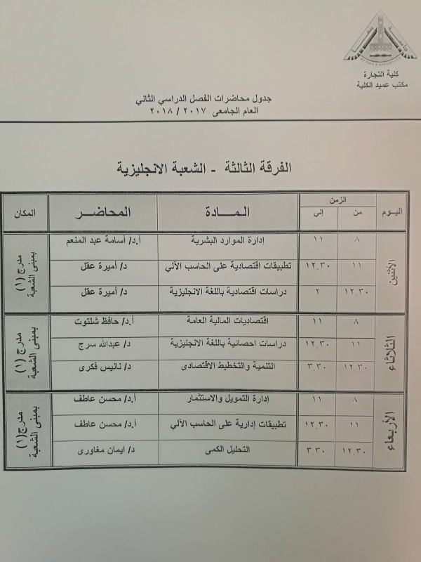 جدول محاضرات الفرقة الثالثة( الشعبة الانجليزية ) - الفصل الدراسي الثانى 2017/2018