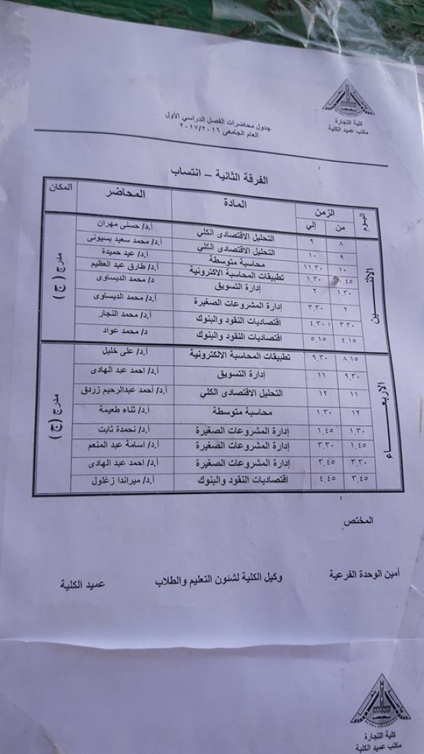 جدول المحاضرات للعام 2015/2016 الفصل الدراس الاول